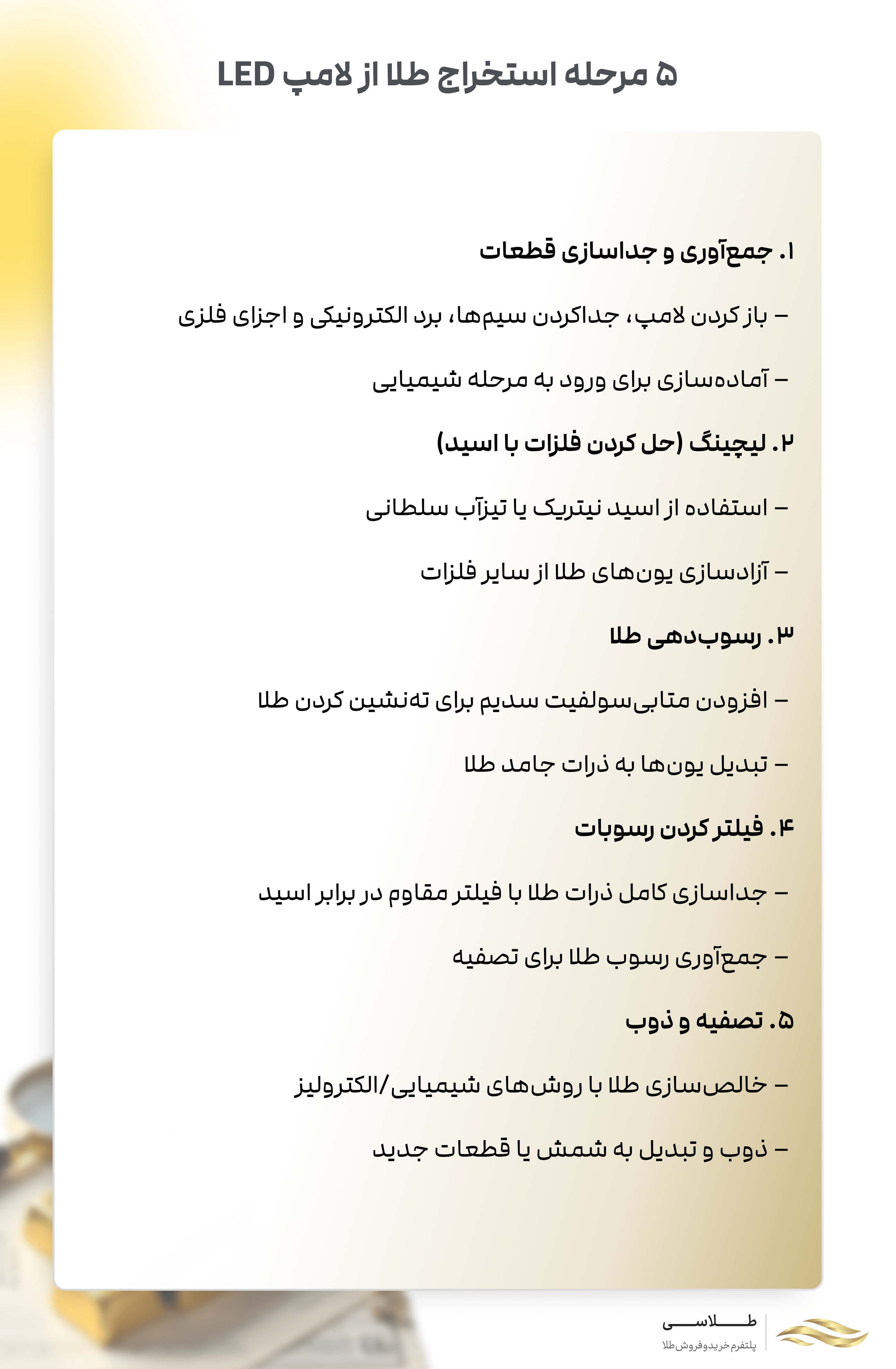 اینفوگرافیک مراحل استخراج طلا از لامپ کم مصرف