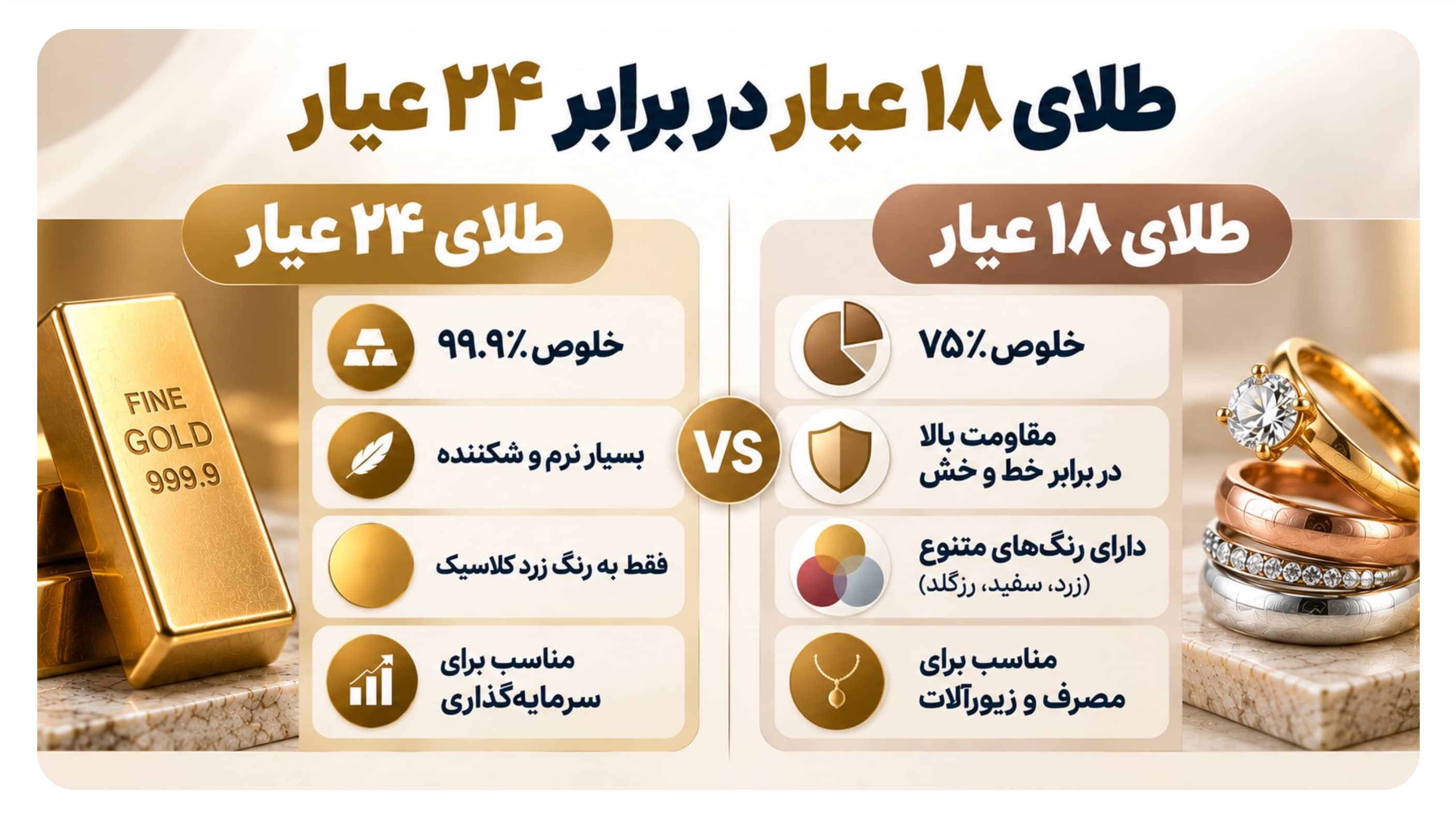 مقایسه طلای ۱۸ و ۲۴ عیار