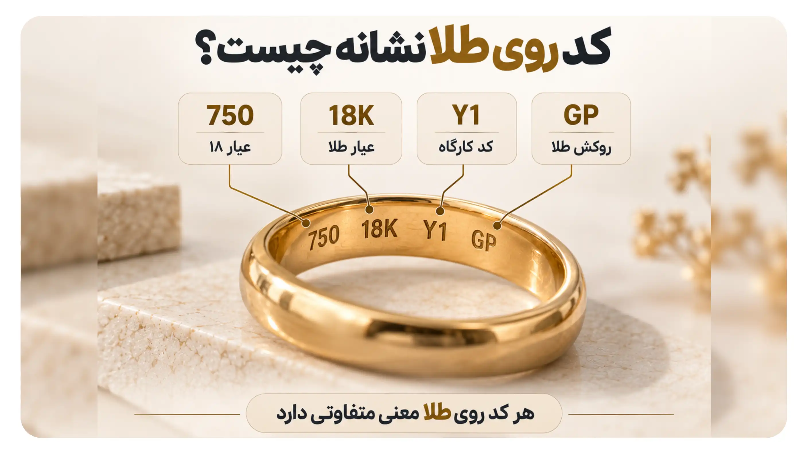 معنی کدهای روی طلا شامل 750، 18K، کد کارگاه و روکش طلا