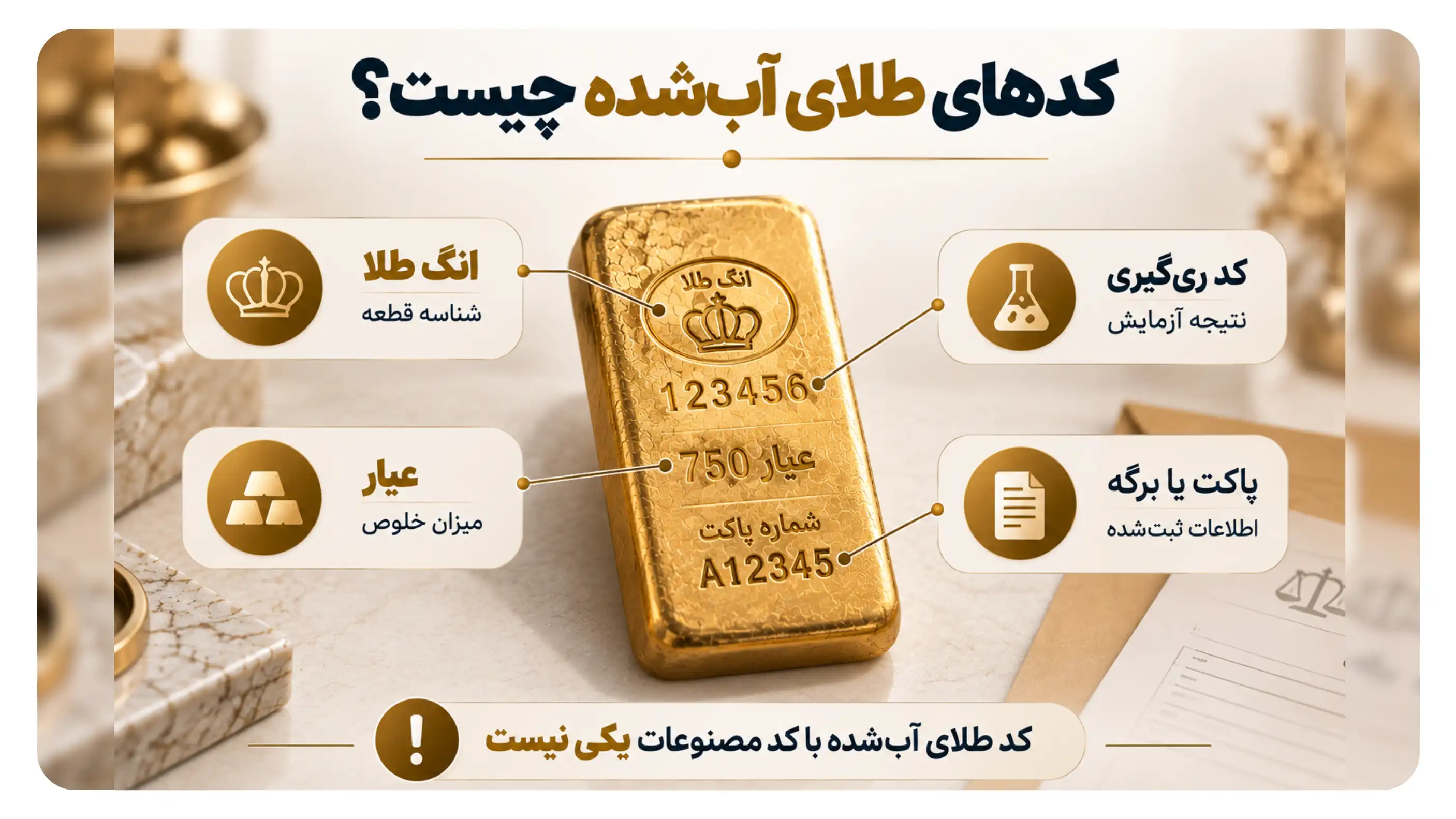 کدهای طلای آبشده شامل انگ طلا، عیار، کد ریگیری و شماره پاکت