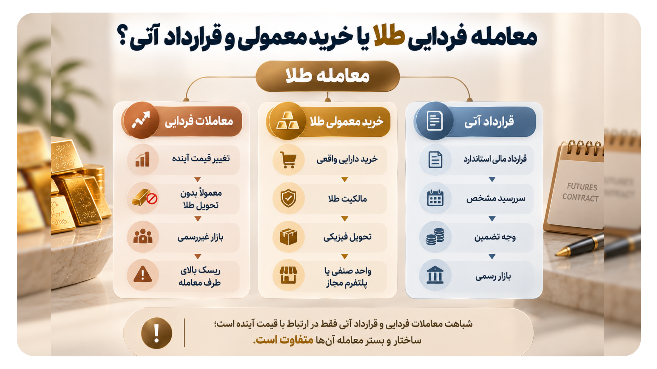 اینفوگرافیک مقایسه معامله فردایی با قرارداد آتی و خرید معمولی